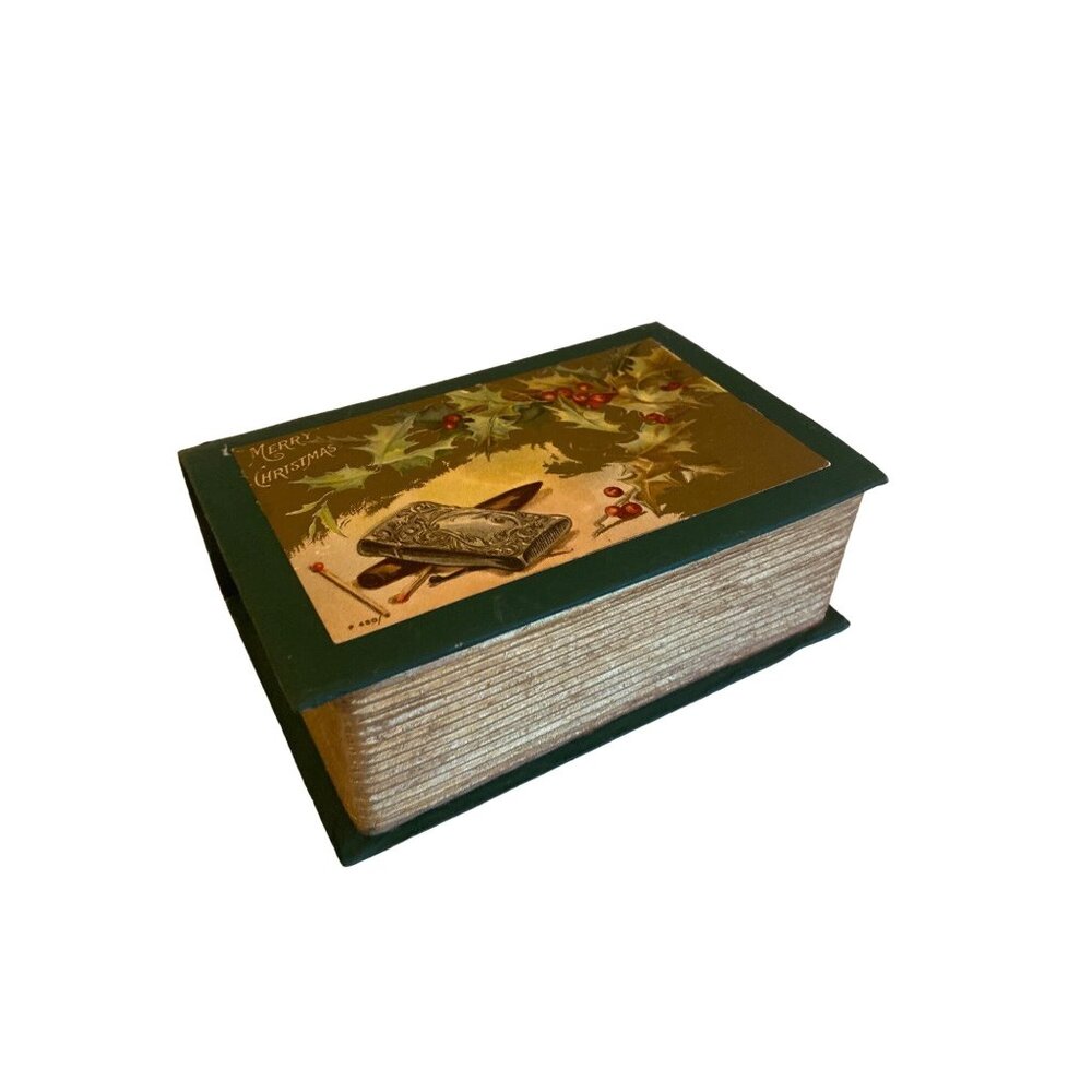 Vintage Merry Christmas Happy‎ New Year Faux Book Box Green Gold Sparkle